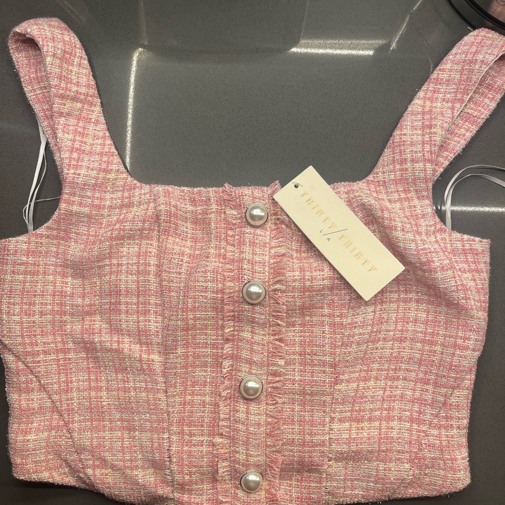 Women's Pink Tweed Pearl-Button Crop Top